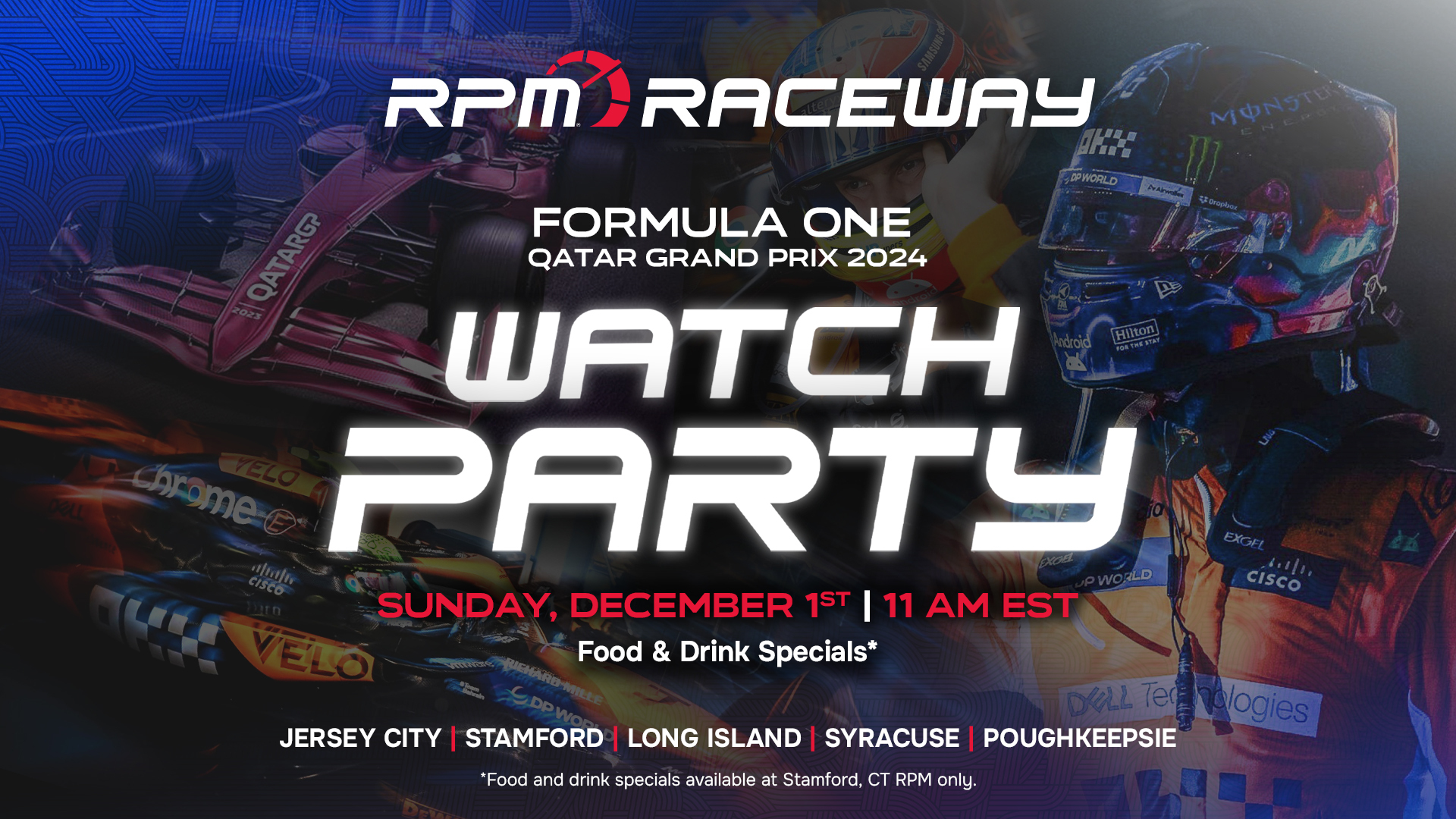 Come watch the Formula One Qatar Grand Prix 2024 at RPM Raceway. Starting this Sunday, December 1st RPM Raceway with be hosting a live watch party for all F1 fans to enjoy while racing, playing, and so much more. Food and drink specials available during event.