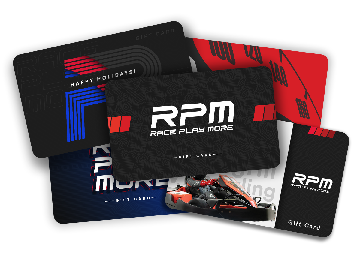 A variety of RPM Race Play More gift cards are displayed, featuring designs with racing themes. One card shows a race car, another has a red speedometer, and others include text like "Happy Holidays!" and "Race Play More.