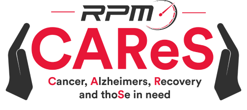 The RPM CARES logo features the acronym "RPM" in bold, followed by a stylized speedometer. Below, "CAReS" is prominently displayed, with "Cancer, Alzheimers, Recovery and those in need" written in smaller text underneath.