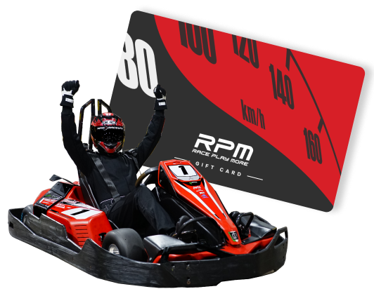 A person wearing a black racing suit and helmet, raising both arms in victory, is seated in a red go-kart with the number 1. Behind them is a RPM gift card graphic showing a speedometer indicating a speed of up to 160 km/h.